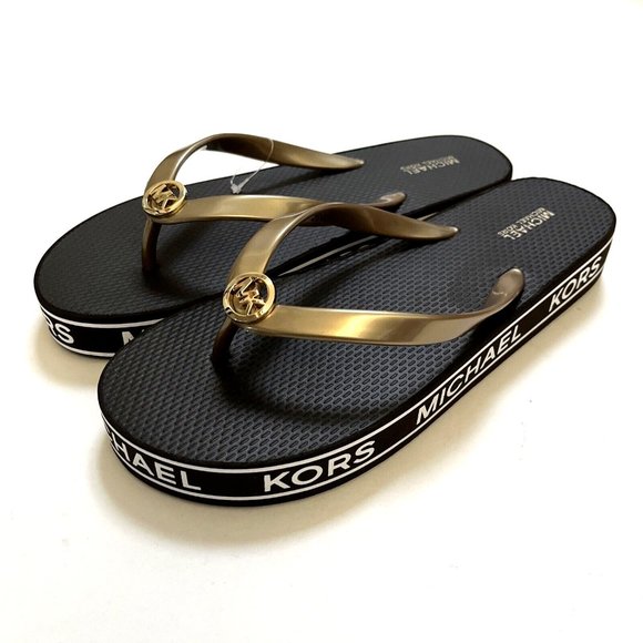 NWOB MICHAEL KORS Graphic Flip-Flop Sandals Slide On Thong Brown Gold - Picture 1 of 11